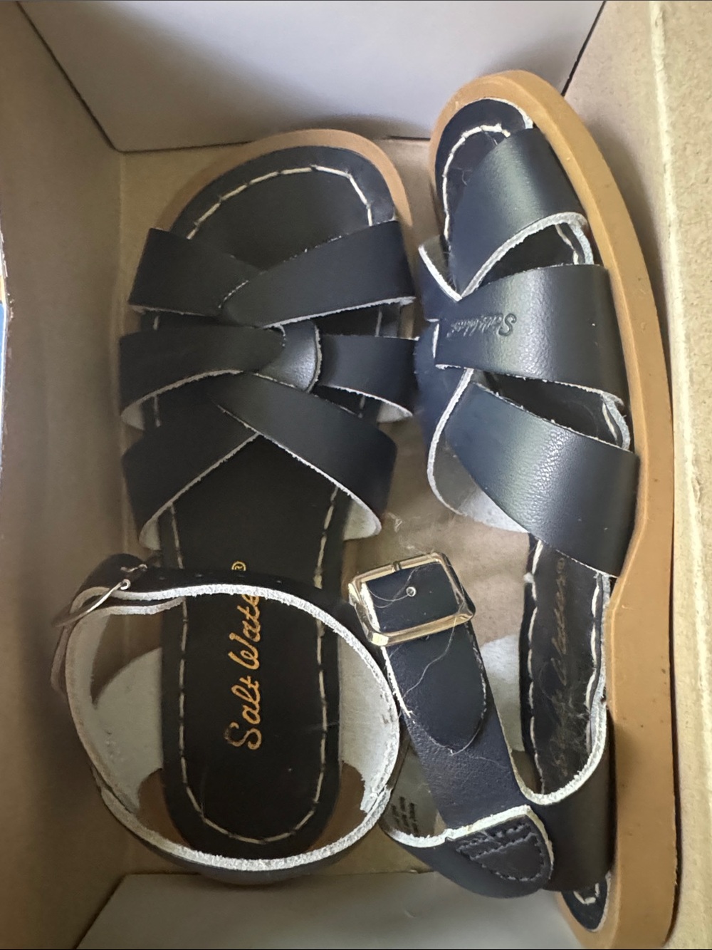Kids Navy Leather Strappy Saltwater Sandals